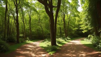 winding timberland pathway, dappled with daylight and included by over the top greenery. photo