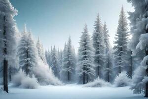a calm winter scene of snow secured evergreen trees standing in a calm woods. Creative resource, photo