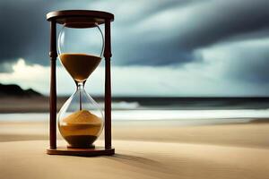 Show off an hourglass with the ultimate grains of sand falling, inferring the conclusion of one year and the graduation of another. Ai Generated photo