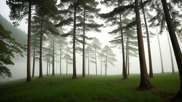 Tall trees inside the timberland inside the mountains secured with fog. AI Generated photo