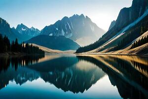 un tranquilo lago reflejando el magnífico montaña picos ese consolidar él. ai generado foto