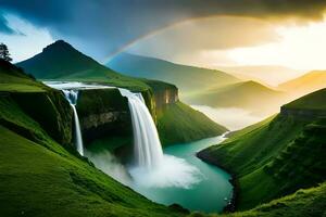 A fantastic waterfall included by wealthy greenery and a rainbow forming in its mist. AI Generated photo