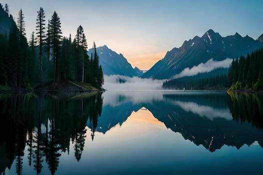 A cloudiness secured mountain lake with evergreen trees reflected on its sparkly surface. photo
