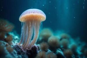 An ethereal jellyfish depicted in mesmerizing submerged wide scale. Creative resource, photo