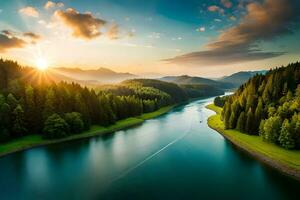 An antenna watch of a odorize river flowing through a dense afforest , creating a captivating natural radiation model. Creative resource, photo