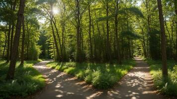 winding timberland pathway, dappled with sunshine and included by over the beat greenery. AI Generated photo