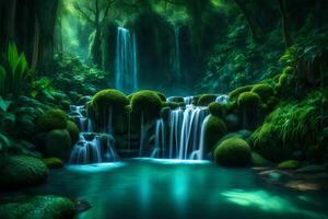 A lovely oasis with many green plants and surrounded by blue water.. Creative resource, photo