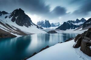 un idealizar nieve tapado lago establecido interior partes el centrar de imponente hielo hojas y nieve tapado picos ai generado foto