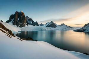 un idealizar nieve tapado lago establecido interior partes el centrar de imponente hielo hojas y nieve tapado picos ai generado foto