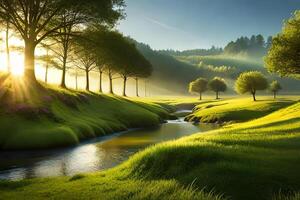 A calm timberland dale with a small stream and sunshine filtering through the canopy. AI Generated photo