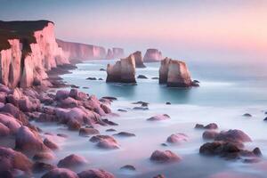 In the morning, the cliffs close to the coast appear to be light blue and light pink.. Creative resource, AI Generated photo