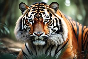 A grand tiger depicted in furious and striking center. Creative resource, AI Generated photo