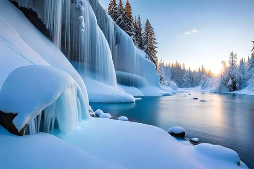 A cemented waterfall taking after a fundamental stone shape in a winter wonderland. photo
