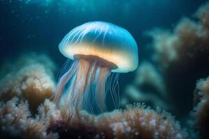 An ethereal jellyfish delineated in mesmerizing submerged expansive scale. Creative resource, photo