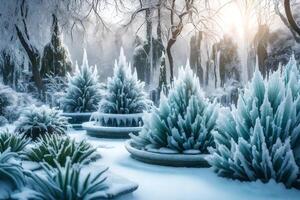 a botanical cultivate changed by winter, with solidified wellsprings and plants decorated with ice. Creative resource, photo