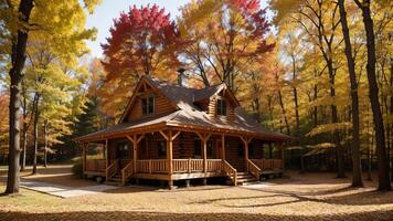 common cabin settled insides the center of tall trees and included by a carpet of collect time takes off. photo