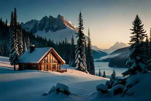 A cozy mountain cabin settled interior the center of secured peaks and evergreen trees. Creative resource, AI Generated photo