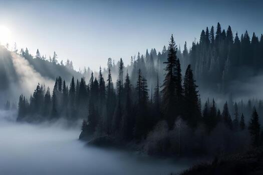 An ethereal timberland secured in thick dinkiness, with trees showing like shadows interior the fog. photo