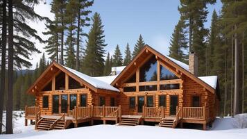 Cozy Cabin Pull back. Arrange a wonderful cabin settled within the middle of covered mountains. photo