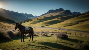 A charming horse hangs among the mountain see underneath a clear sky. AI Generated photo