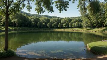 quiet lakeside scene with a calm body of water reflecting the enveloping nature. AI Generated photo