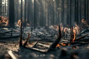 This text can be made simpler. After a big fire, a forest is left completely burned. The picture shows what the area looks like after a natural disaster. AI Generated photo