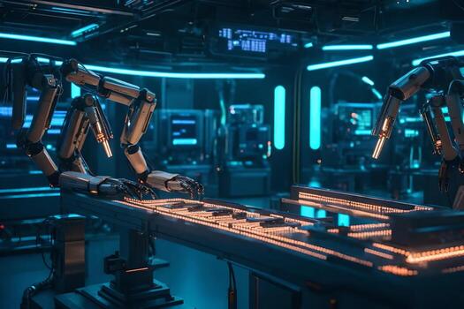 a cutting edge office where robotized arms and contraptions offer assistance in complex remedial strategies. Creative resource, photo