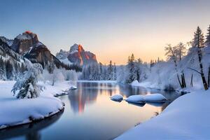 A winter wonderland scene with snow secured trees and a set stream. photo