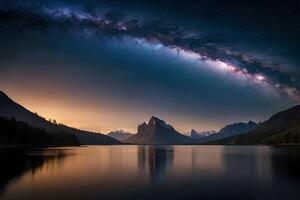 A mesmerizing night sky over a calm lake, reflecting the stars and the Smooth Way. photo