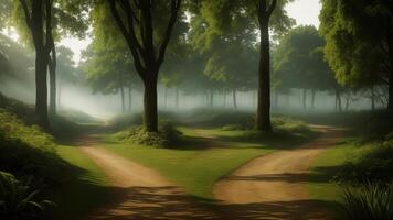winding timberland pathway, dappled with daylight and included by over the beat greenery. photo