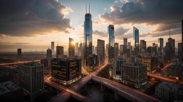 Portray a astonishing, cutting edge cityscape with towering tall rises, flying vehicles, and neon-lit boulevards. photo