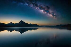 A mesmerizing night sky over a calm lake, reflecting the stars and the Smooth Way. photo