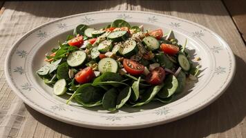 goodly vegetable salad of bracing tomato , cucumber , onion , spinach , lettuce and sesame on plate . Diet menu . exceed status. Creative resource, photo