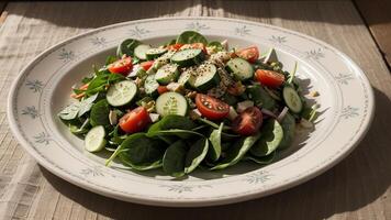 hermoso vegetal ensalada de vigorizante tomate , Pepino , cebolla , Espinacas , lechuga y sésamo en plato . dieta menú . exceder estado. creativo recurso, ai generado foto