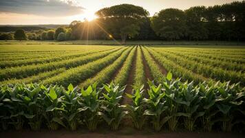 green columns of made corn on a private agrarian field. AI Generated photo