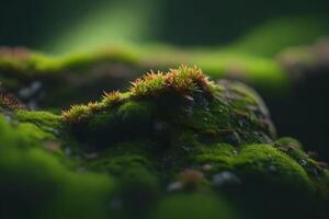 Close-up picture of a stone covered in moss, telling the story of small habitats that are hidden and peaceful.. Creative resource, AI Generated photo