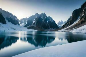 A cemented ice sheet lake wrapped by chilly cliffs and snow capped peaks. Ai Generated photo