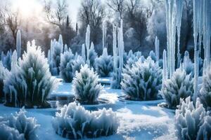 a botanical develop changed by winter, with set wellsprings and plants brightened with ice. Creative resource, photo