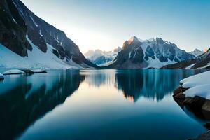 un idealizar nieve tapado lago establecido dentro partes el centrar de imponente hielo hojas y nieve tapado crestas. ai generado foto