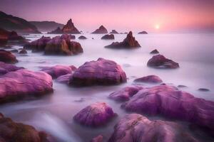 In the morning, the coast has beautiful pink and purple rocks.. Creative resource, AI Generated photo