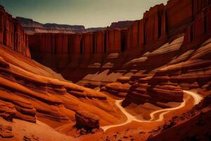 A stunning view of a deep canyon painted in shades of reddish-brown colors, which leaves people feeling amazed.. Creative resource, AI Generated photo