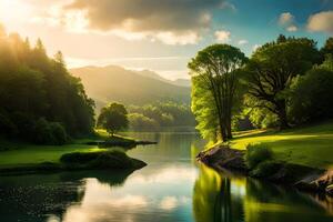 A calm stream softly winding through a luxurious green scene with overhanging trees. Ai Generated photo