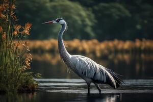 An affluent crane showcased in quiet waterside scenes. Creative resource, AI Generated photo