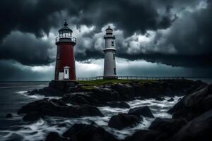 un alto edificio por el mar en un día con De Verdad malo clima, mirando muy oscuro y sombrío, haciendo usted sensación De Verdad triste.. creativo recurso, ai generado foto