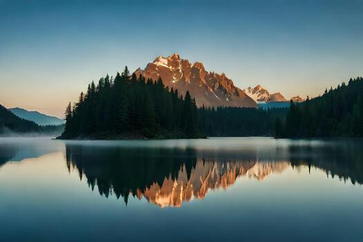 A fog secured mountain lake with evergreen trees reflected on its shiny surface. photo