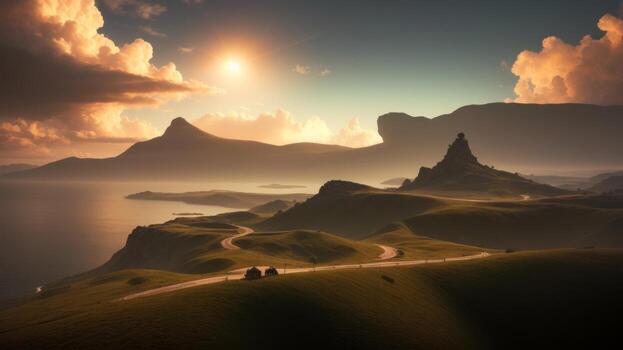 A dreamlike dreamscape with coasting islands and colorful clouds. Creative resource, photo