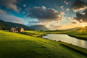 A picturesque countryside landscape with a wind river , alcoholic Green hayfield , and a allow farmhouse. Creative resource, photo