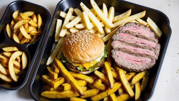 Fast food dish, best see, meat burger, potato chips and wedges, takeaway composition. photo