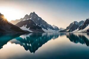 un idealizar nieve tapado lago establecido interno partes el centrar de imponente hielo hojas y nieve tapado picos ai generado foto