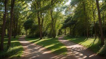 winding timberland pathway, dappled with daylight and included by over the beat greenery. photo